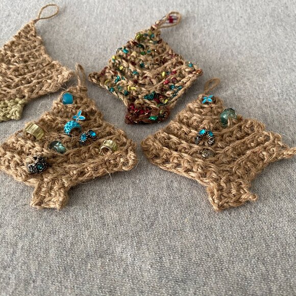 Handmade Crochet Cream Tan Jute Christmas Tree Hanging Decorations Set of 5 - Picture 5 of 9